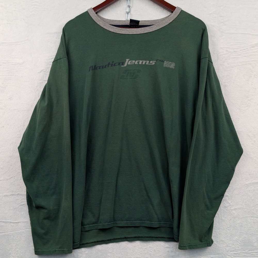 VTG Nautica Jeans Shirt Men's XL Green Long Sleeve Skate Spellout Streetwear Y2K